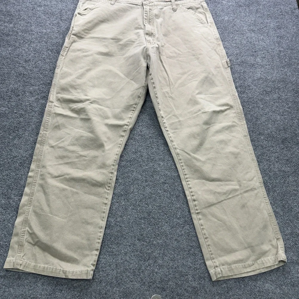 Wrangler Carpenter Pants Mens 36x34 Khaki Tan 28 Inseam Utility Workwear Denim